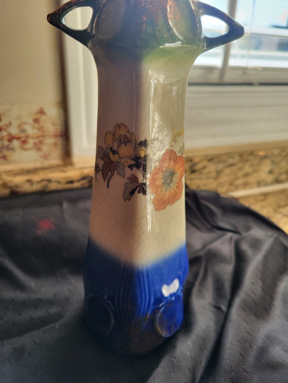 Vintage Cechalovakia 7 Inch Floral Ceramic Vase in Blue, Cream & Orange